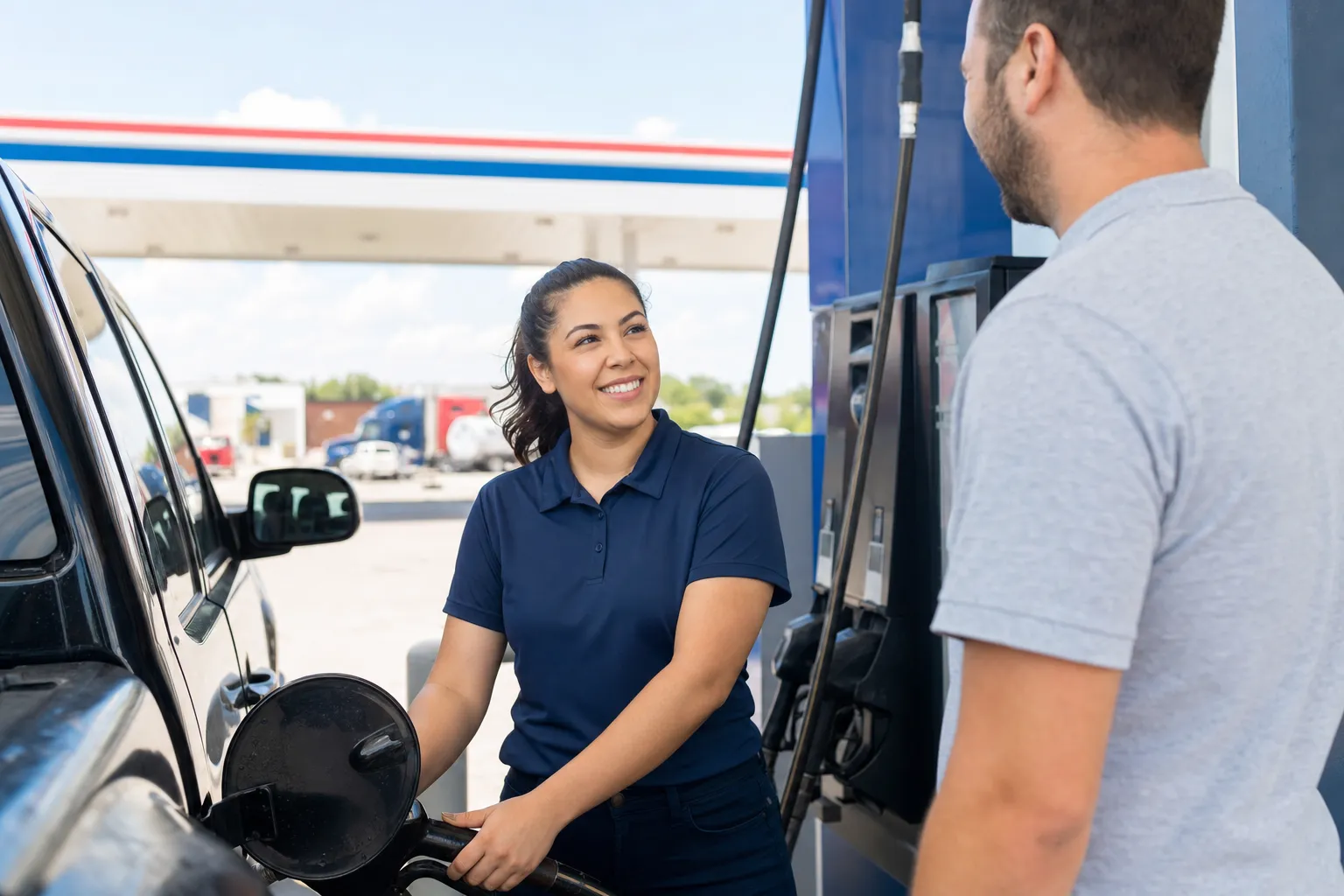 Friendly Petro USA employee helping a customer at the fuel pumps