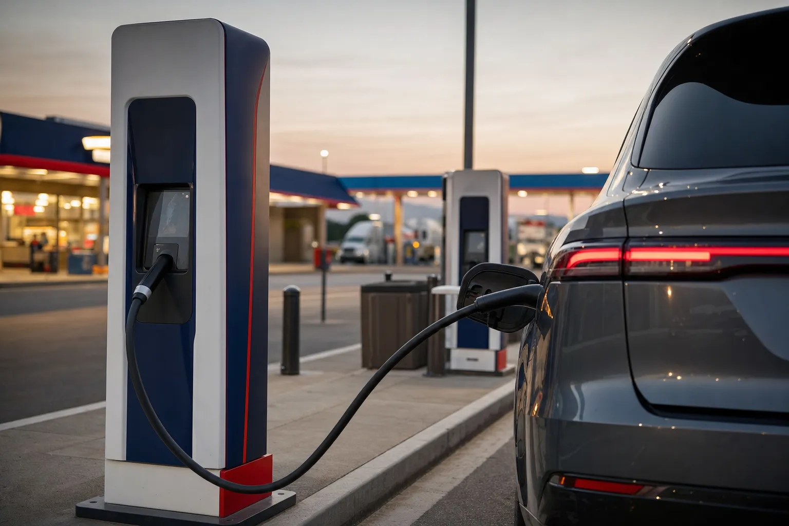 Electric vehicle charging at a Petro USA fast-charging station
